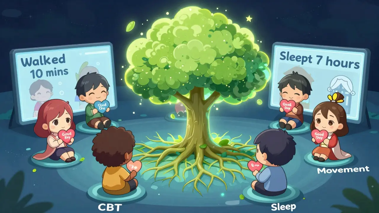 Group of chibi friends in virtual support circle holding progress tokens under a growing tree.