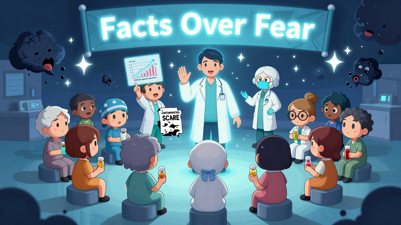 Group of patients learning facts about generics as fear headlines crumble, with doctor and pharmacist glowing above.