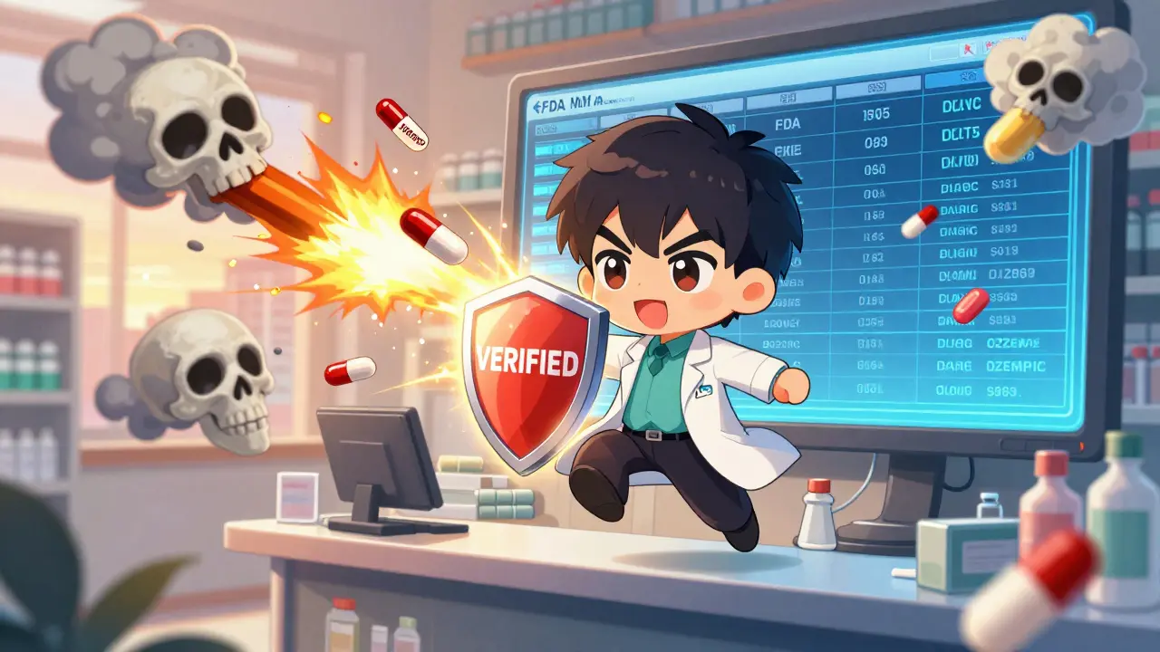 Heroic pharmacist shielding against fake pills while a FDA database glows behind them.