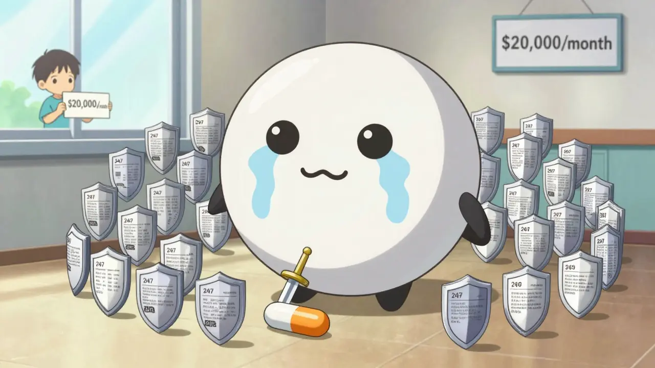 Humira pill surrounded by 247 patent shields, lone generic pill trying to fight through.