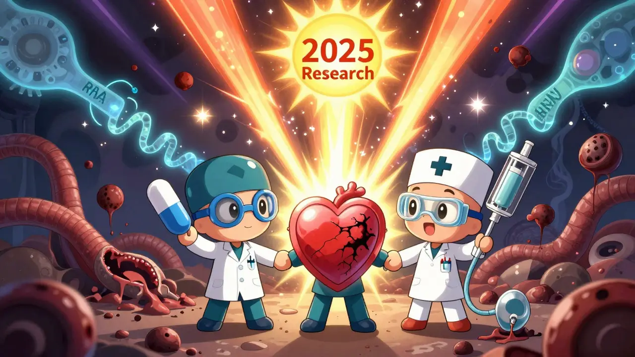 Medical team uniting to protect a glowing heart from disease symbols