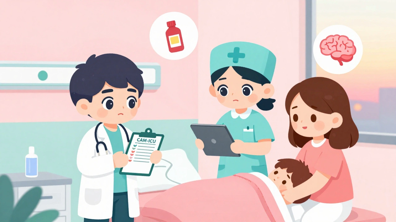 Palliative care team in a hospital room with medical icons floating around them, soft pastel colors.