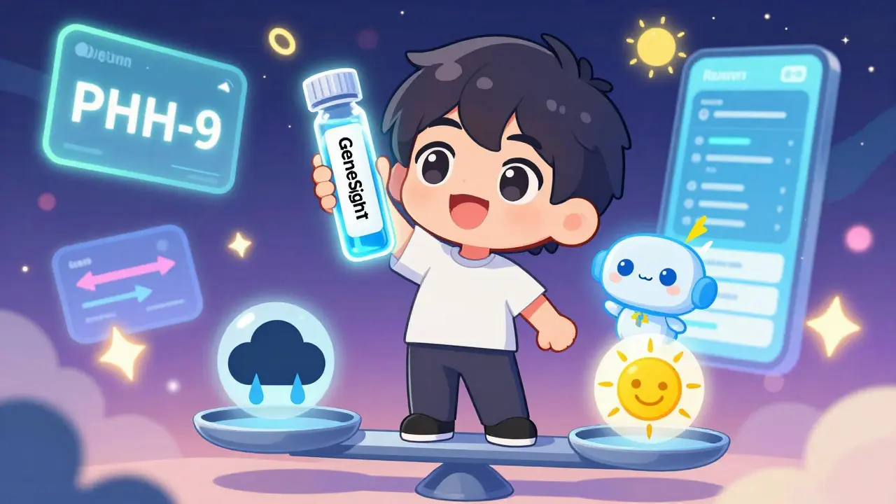 Person balancing depression and wellness with genetic test and digital app companion.