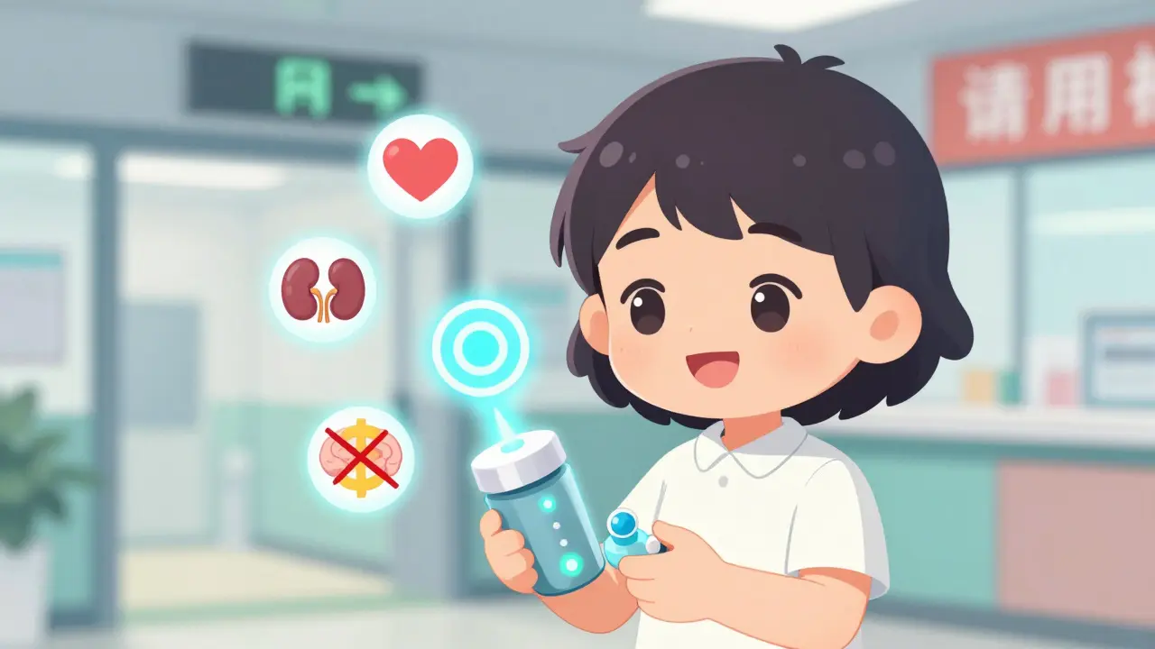 Person using a smart pill dispenser with voice assistant and health symbols floating nearby.