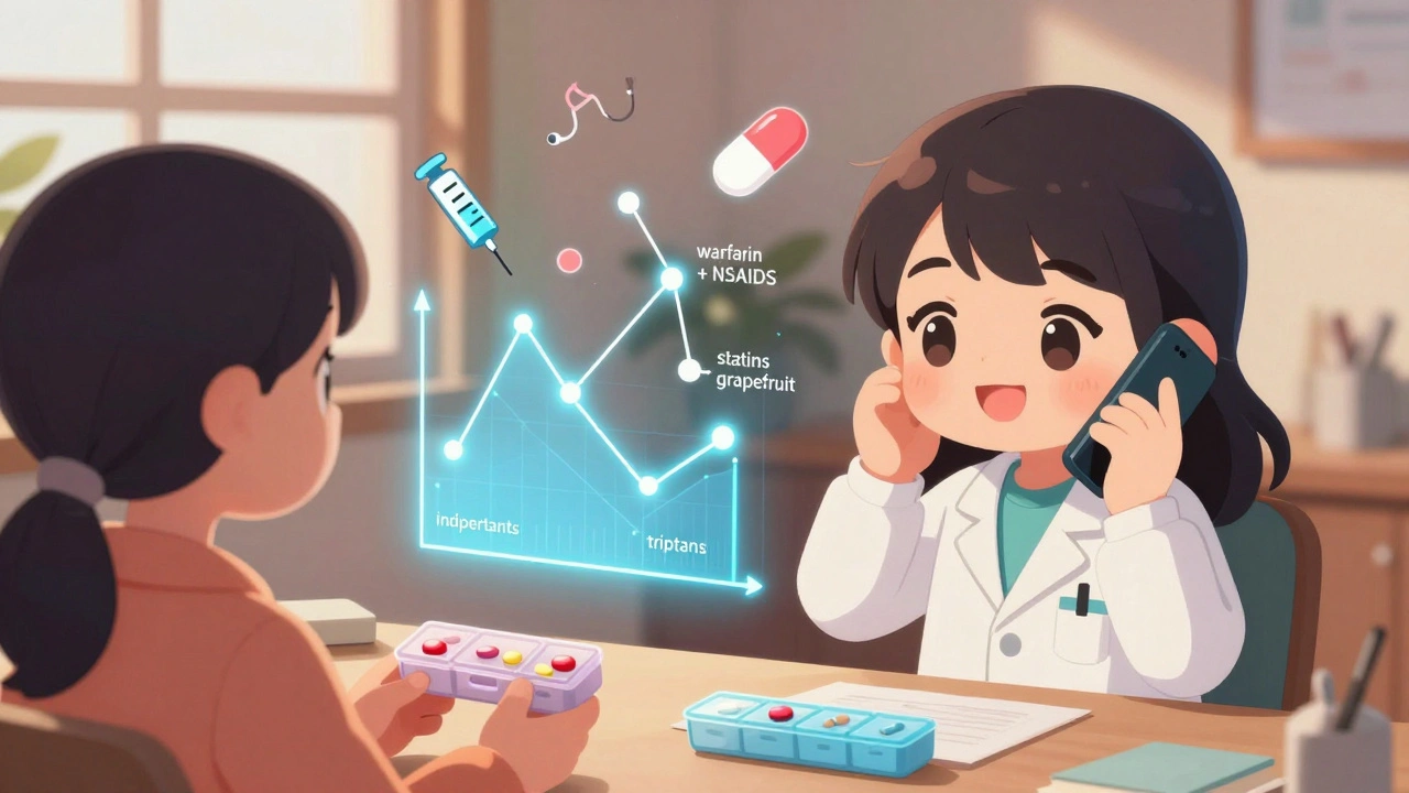 Pharmacist calls patient while animated drug interaction warnings float between them