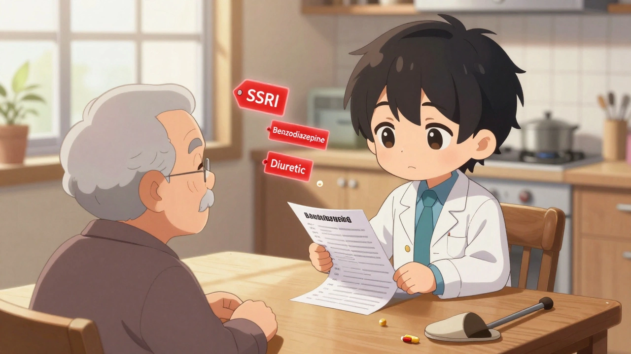 Pharmacist reviewing medication list with senior at kitchen table, warning tags above pills.