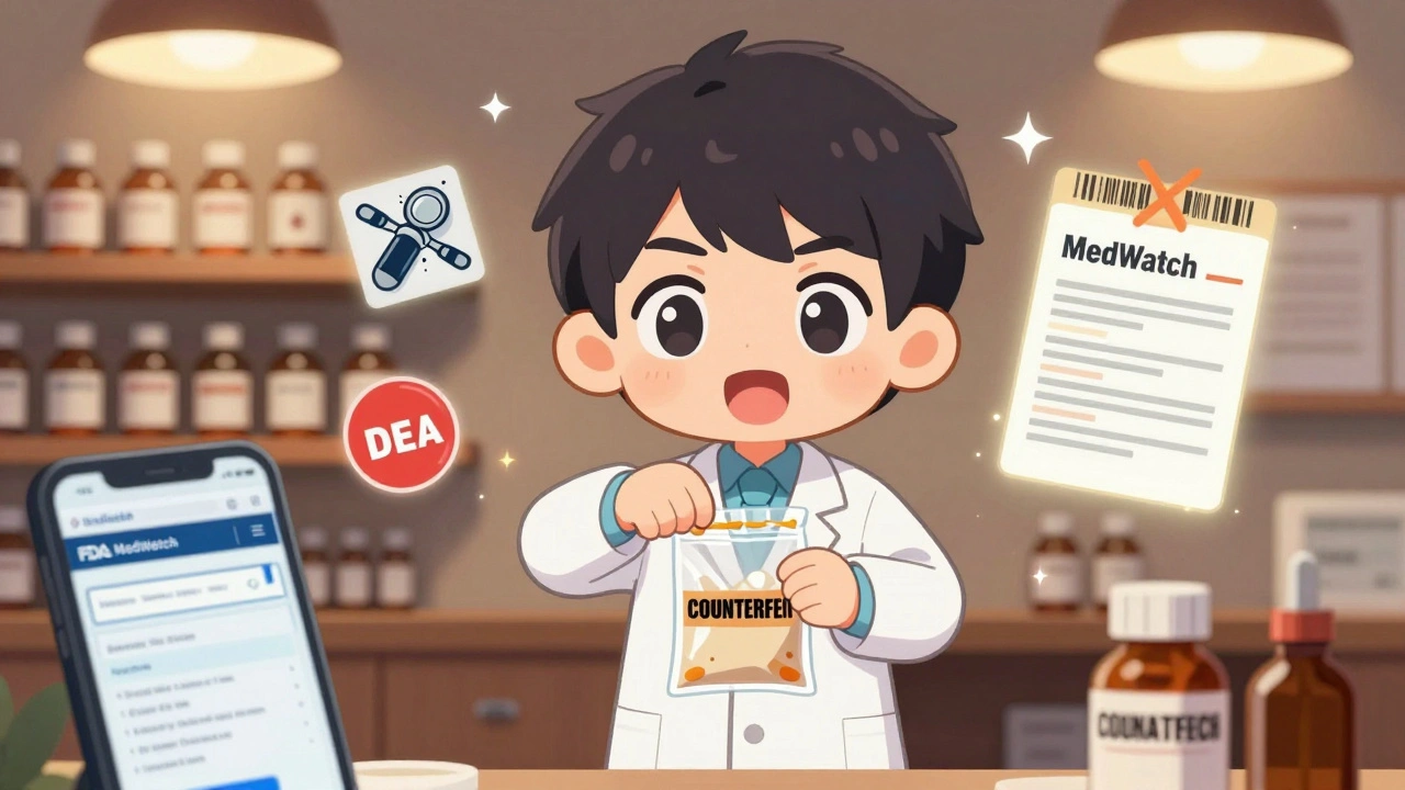 Pharmacist sealing suspicious medication in evidence bag with floating DEA and MedWatch icons.