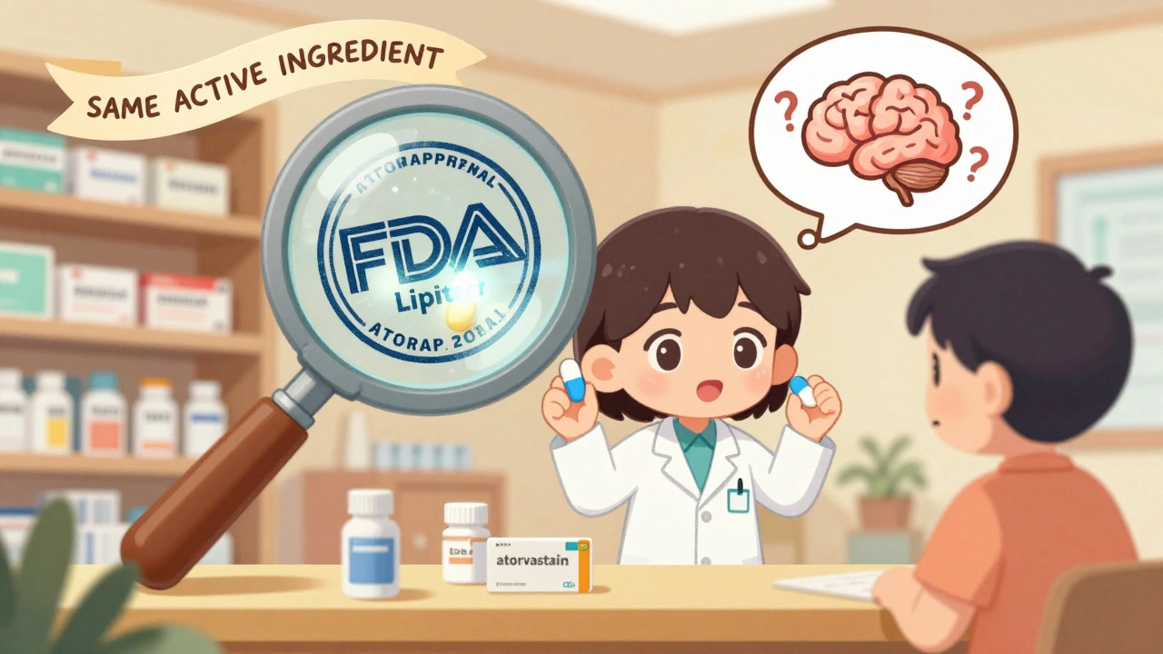 Pharmacist showing identical generic and brand pills with a thought bubble revealing a confused brain and FDA stamp.