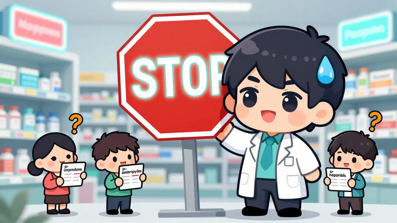 Pharmacist warning patients about driving risks from common medications.