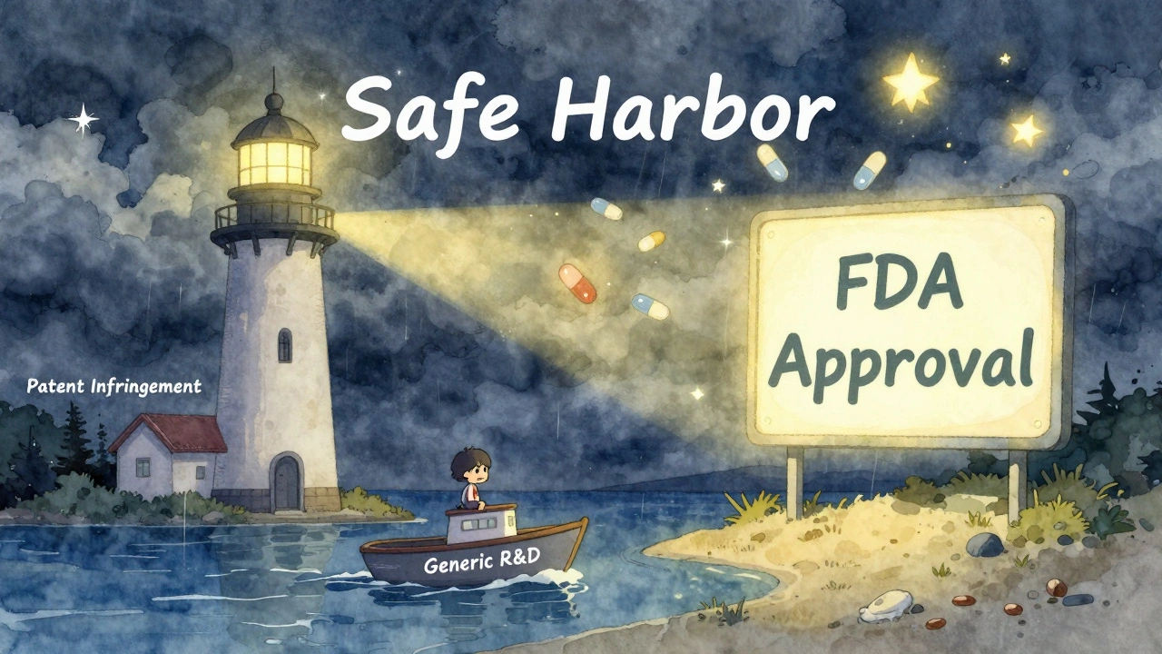 Safe harbor lighthouse guiding a generic drug boat through stormy patent clouds.