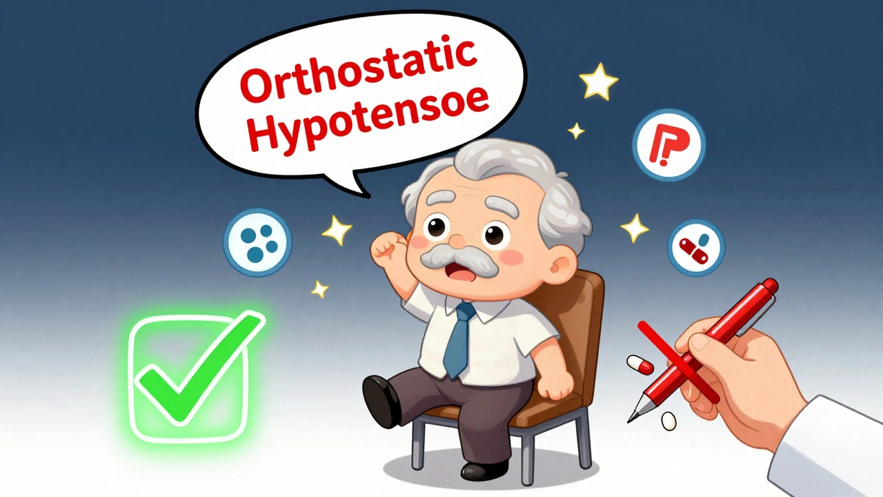 Senior feeling dizzy standing up, warning bubble above head as pills are crossed out.