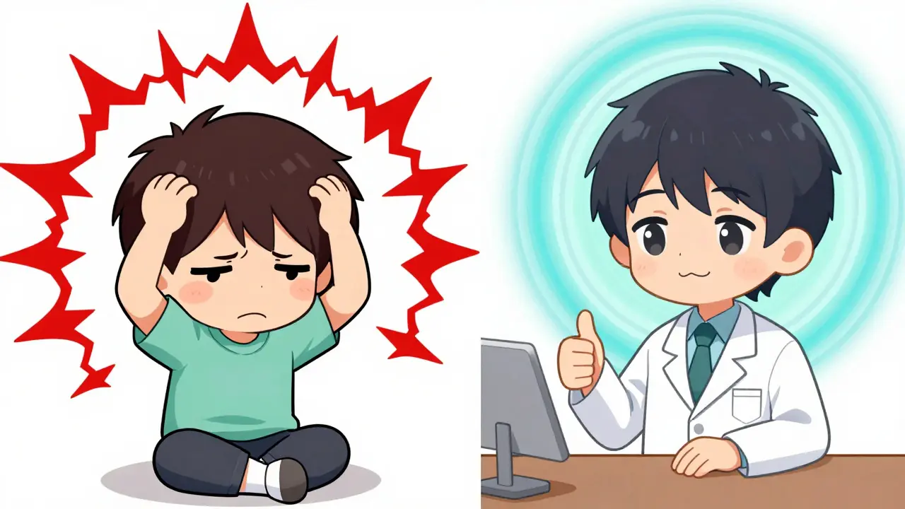 Split scene showing transformation from stressed to peaceful tinnitus experience.