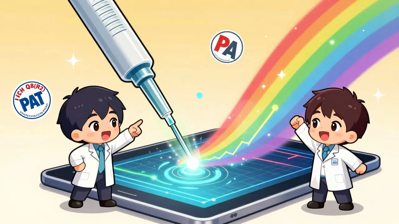 Tiny chemists using giant pipettes to feed data into a tablet with NIR sensor and rainbow design space.