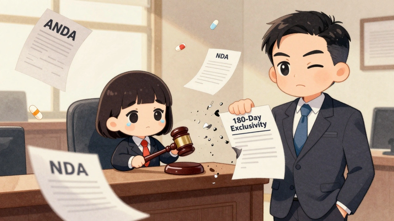 Tiny FDA judge in a courtroom as a brand CEO winks, watching a 180-day exclusivity contract crumble.
