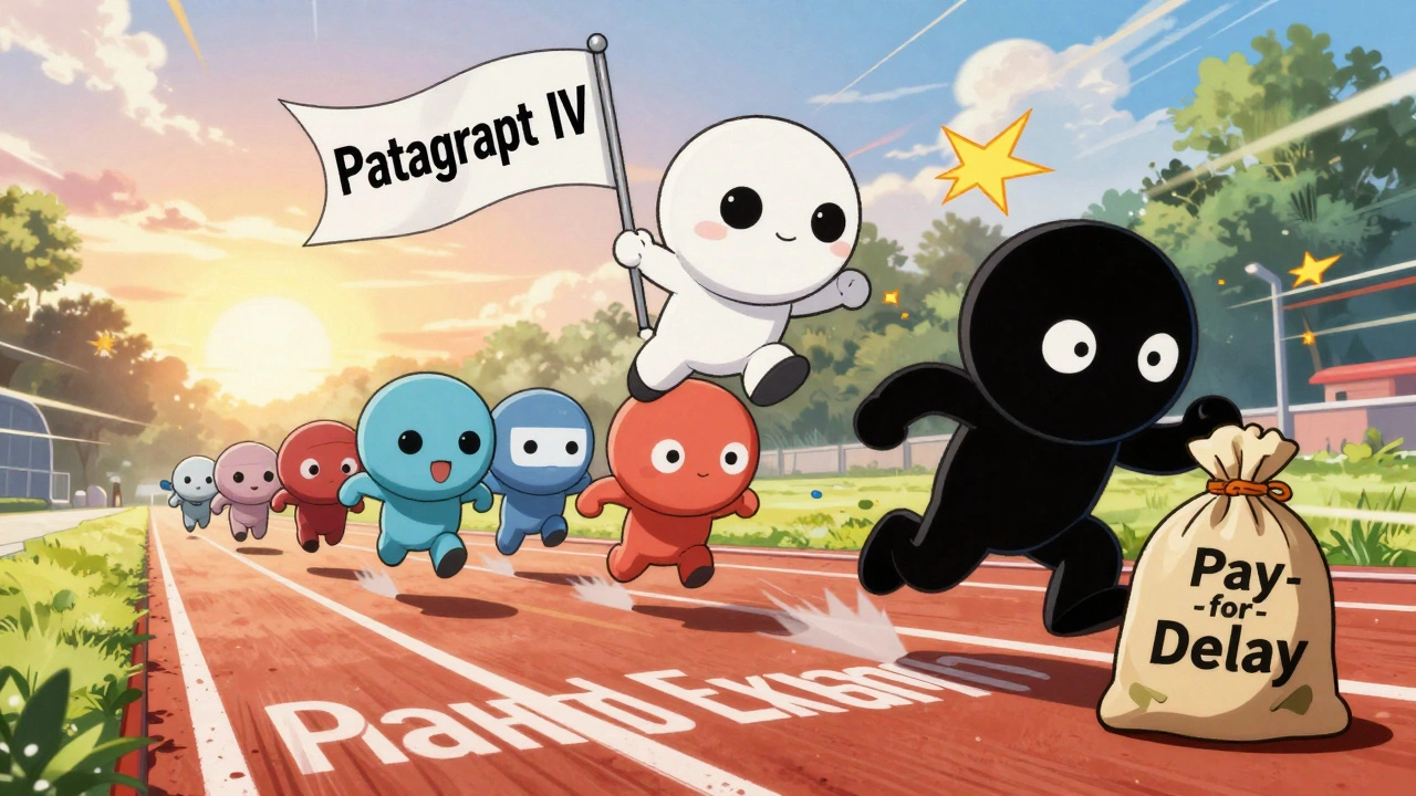 Tiny generic companies racing toward patent expiration, one dodging a money bag obstacle.