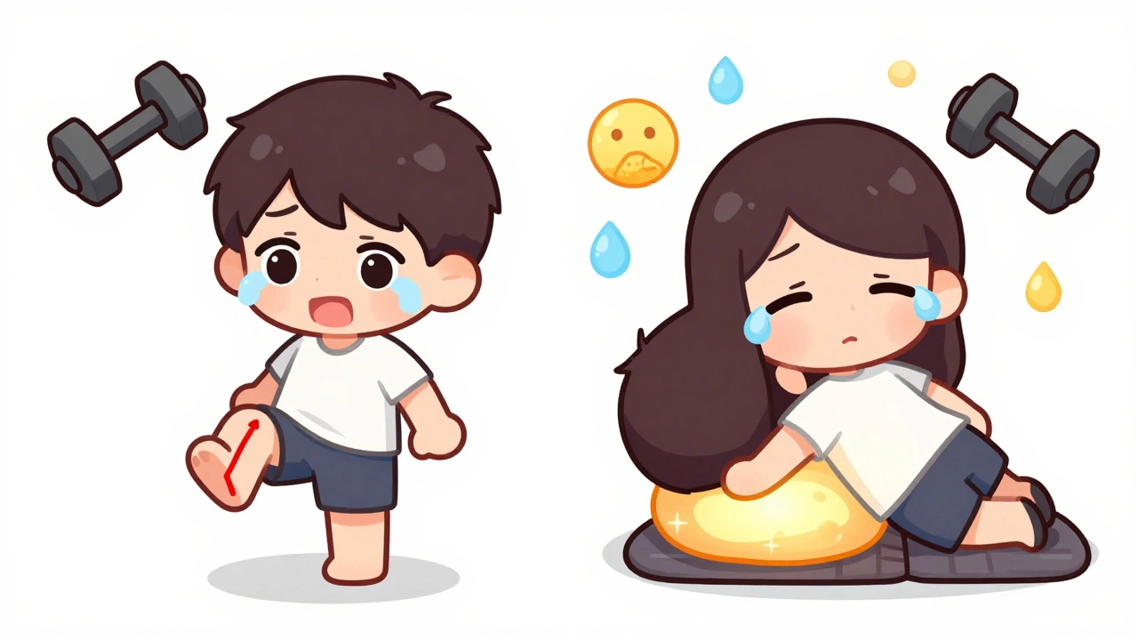 Two chibi characters showing tendinitis and bursitis with floating icons of movement and pressure.