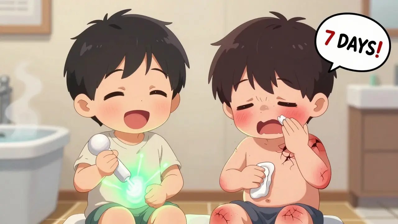 Two chibi figures: one using suppository correctly, the other overapplying cream with irritated skin