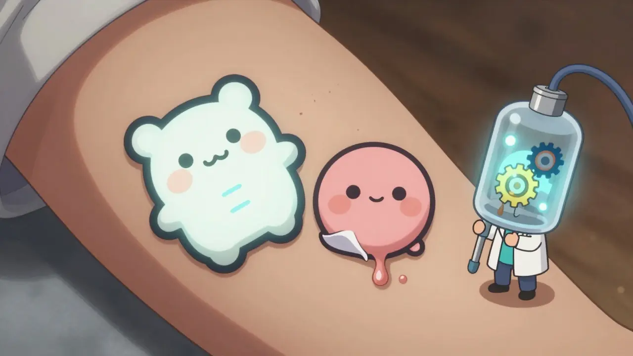 Two chibi patches on arm—one working perfectly, one peeling with leaking drug