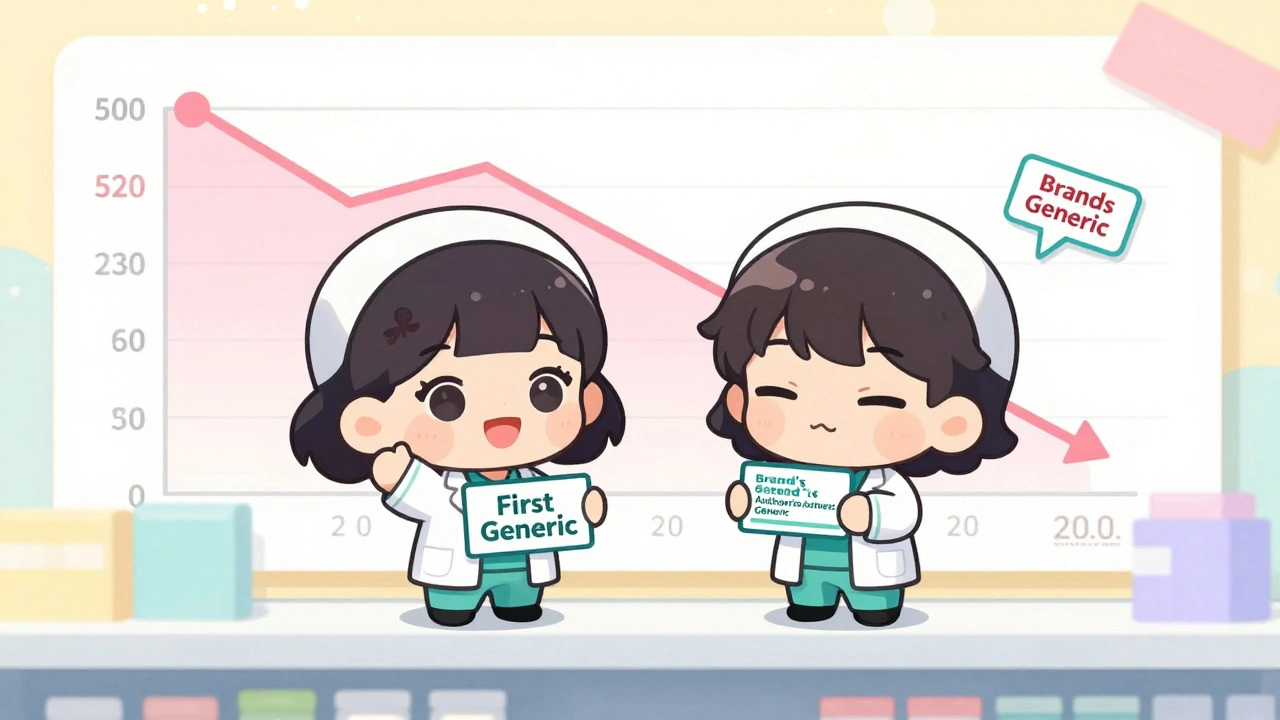 Two chibi pharmacists on a shelf, one proud with first generic, the other nervous with authorized generic.
