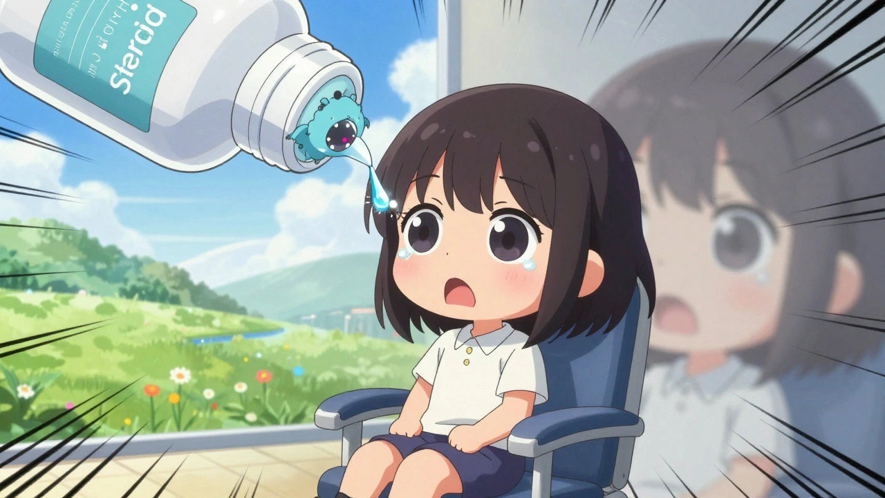 Young adult being invaded by steroid monsters during eye exam