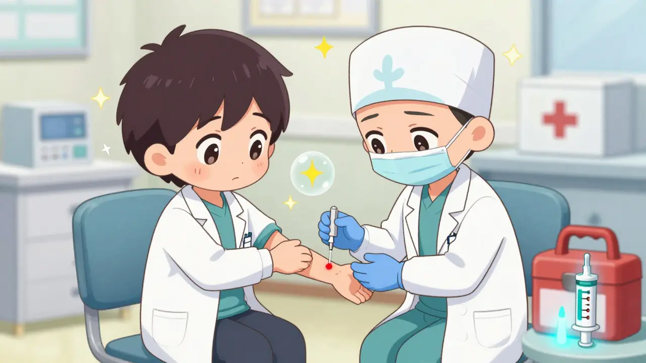 Chibi doctors performing a gentle skin prick test with a tiny red bump forming on arm.