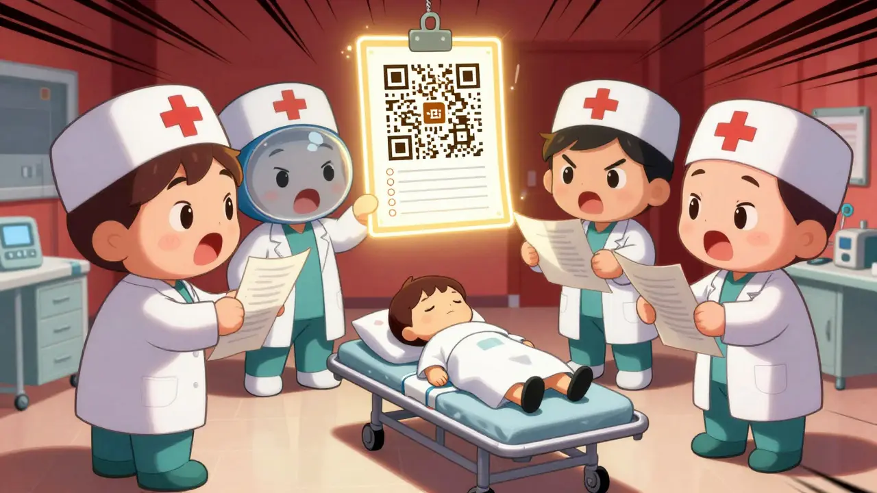 Chibi medical team reacting to an emergency with a glowing QR code list
