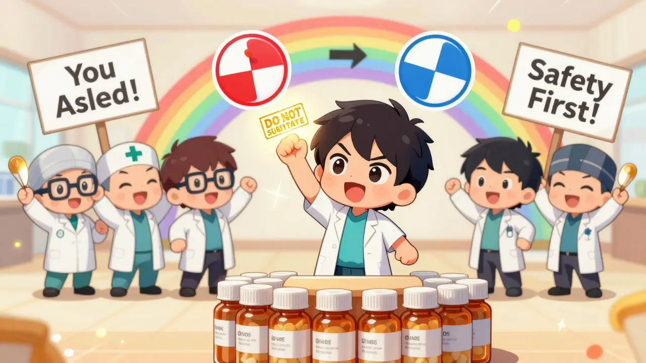 Chibi patient advocating for brand medication, supported by pharmacists