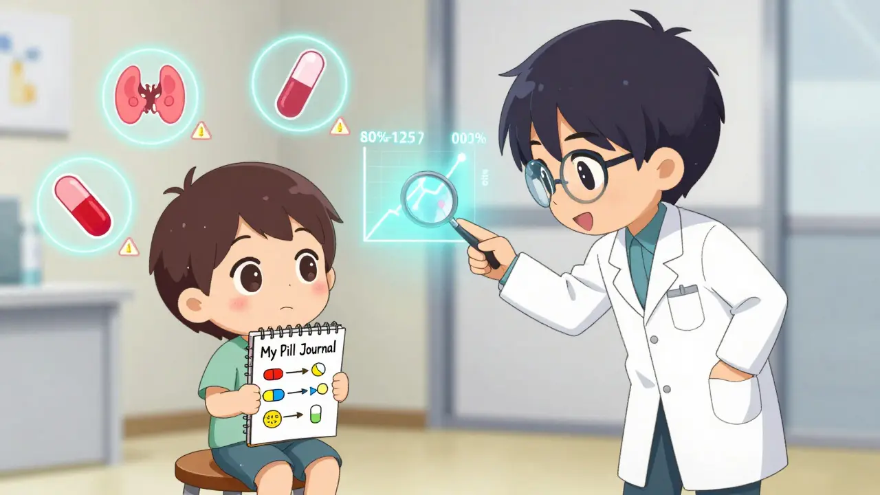 Chibi patient journaling pill changes with pharmacist explaining bioequivalence