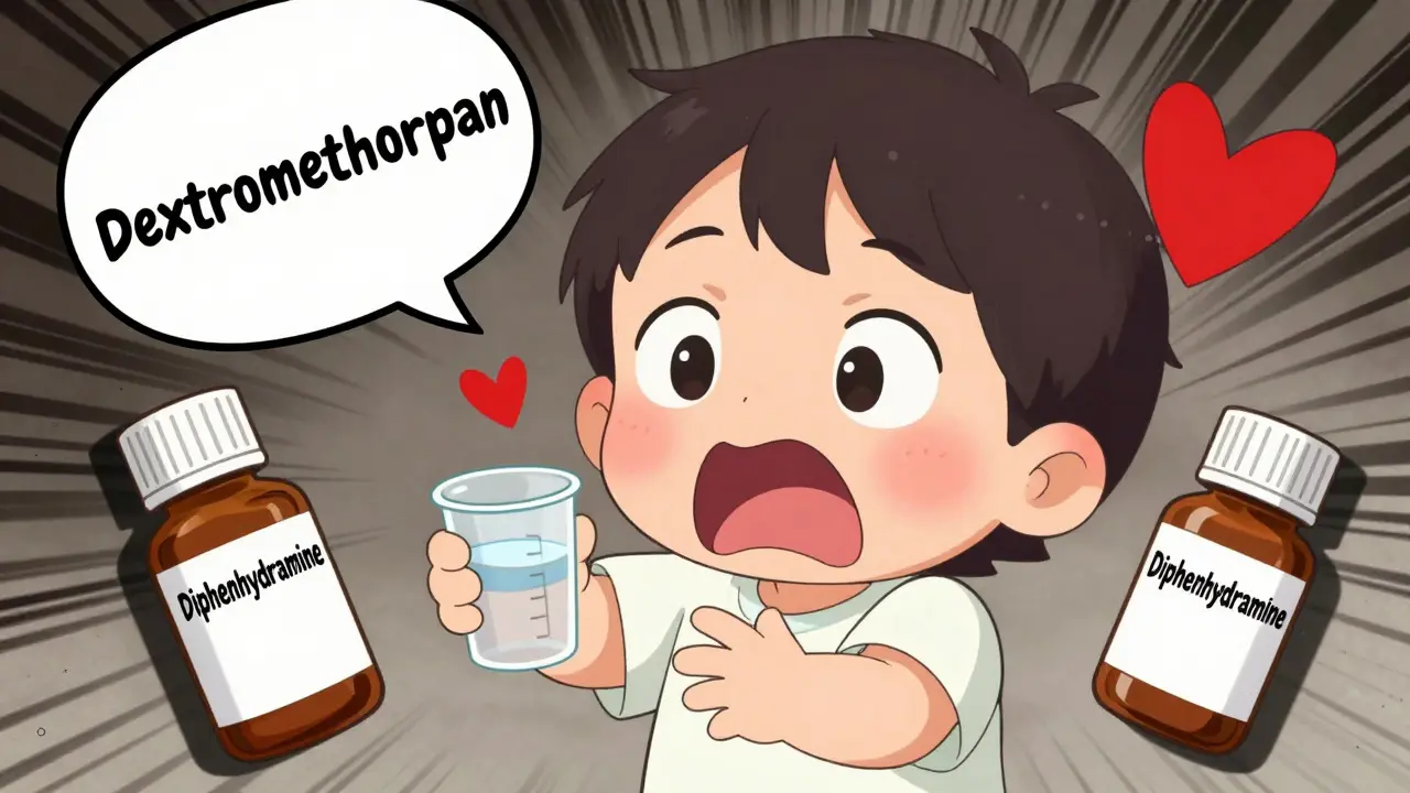 Chibi-style toddler experiencing overdose symptoms with floating medicine ingredients and a pulsing heart, surrounded by dangerous dosing errors.