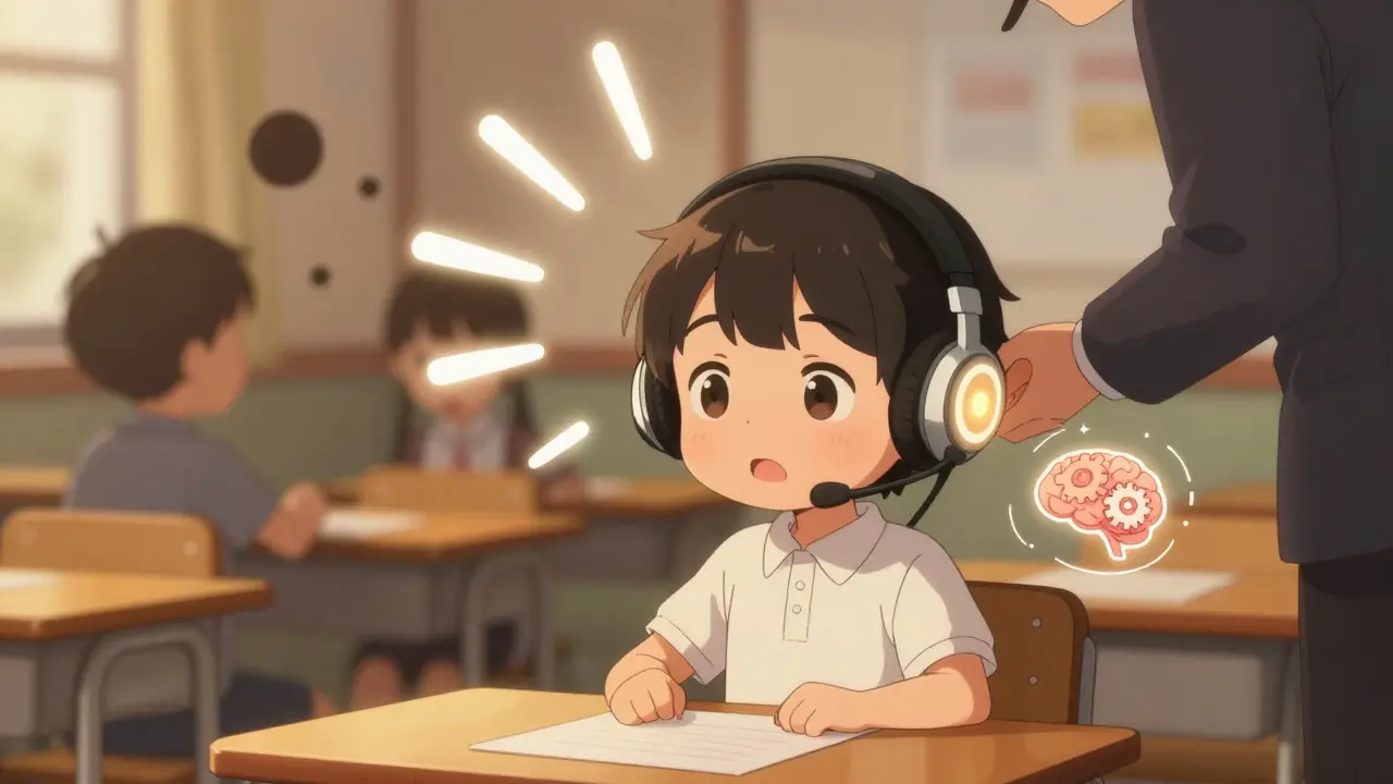 Child with FM headset receiving clear speech from teacher, while background noise fades away in chibi anime style.