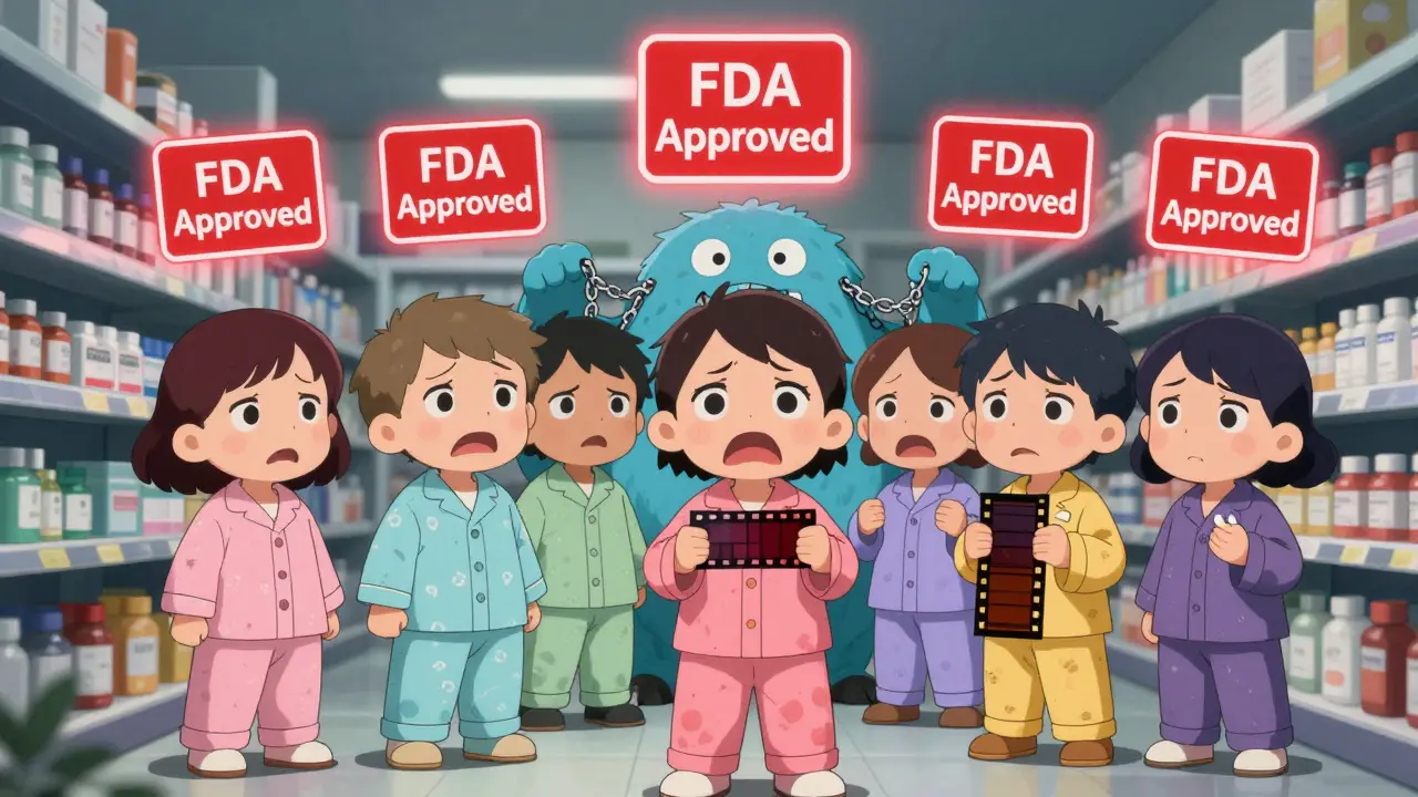 Confused patients blocked by a 'REMS' monster from accessing generic drugs in a pharmacy.