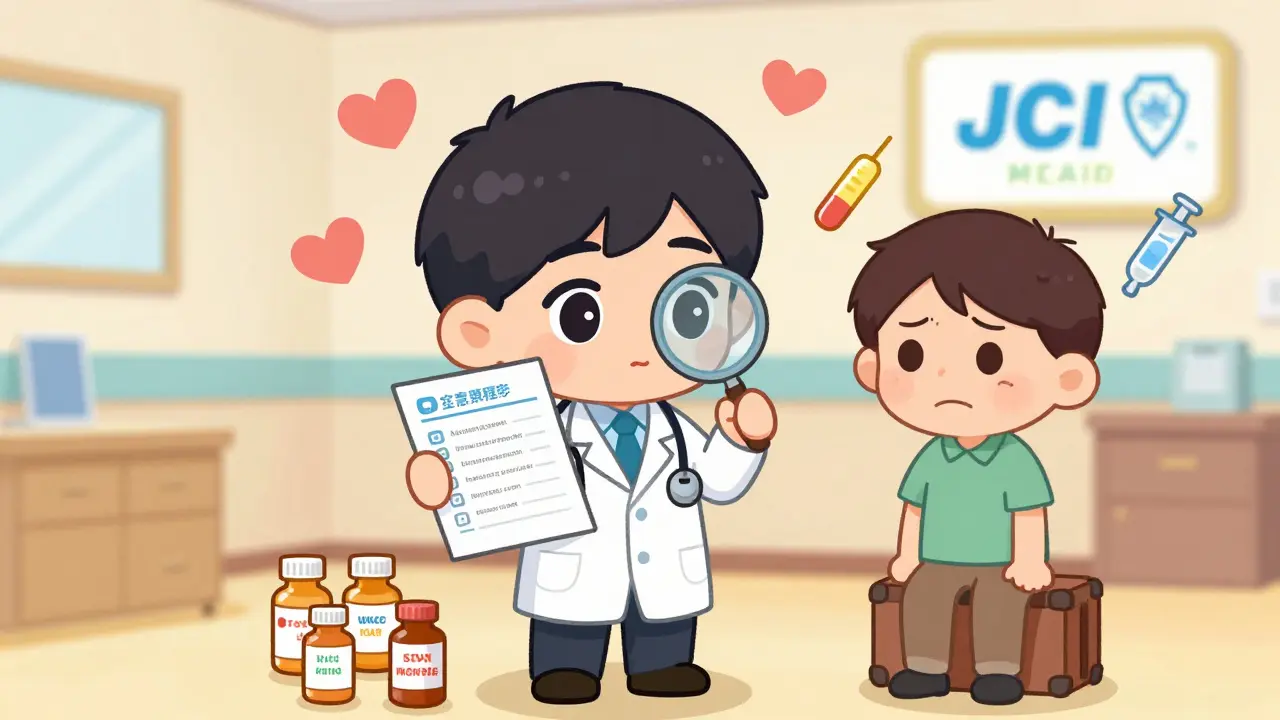 Cute doctor and patient reviewing a medication list with floating pill symbols