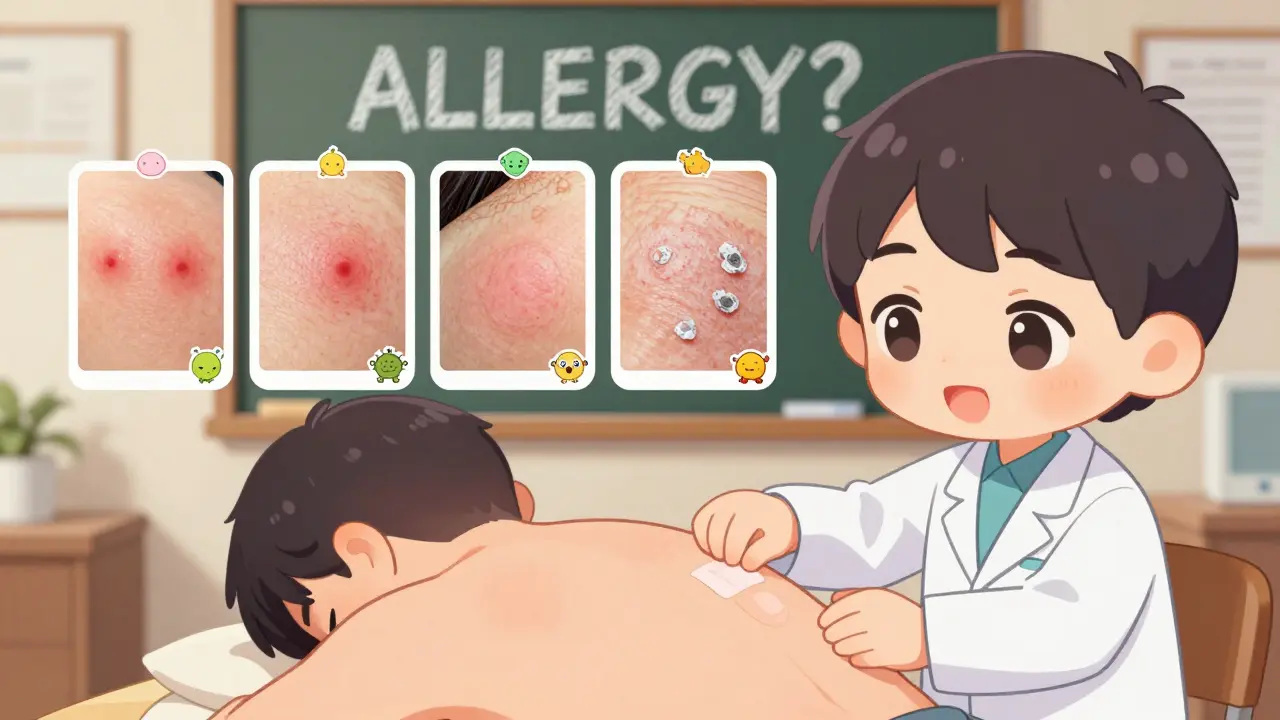 Dermatologist removing patch test stickers while reactions float as cartoon icons