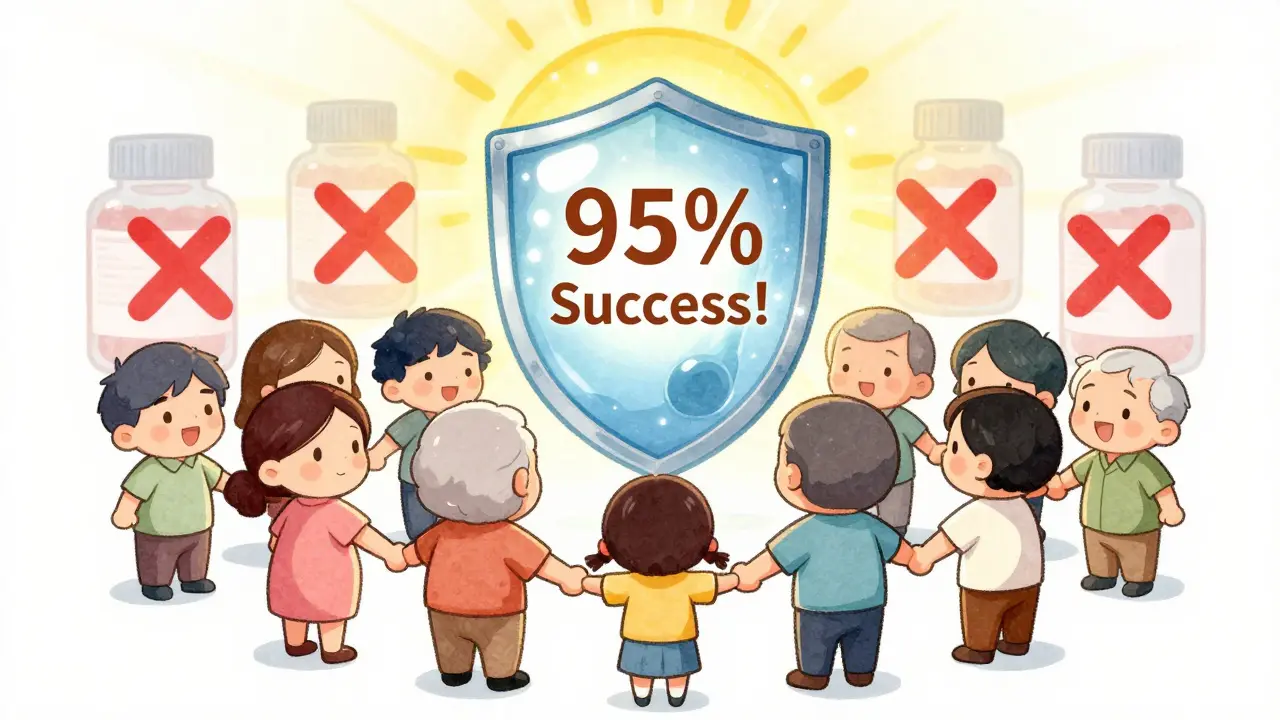 Diverse chibi patients united under a glowing penicillin shield, with fading alternative antibiotics