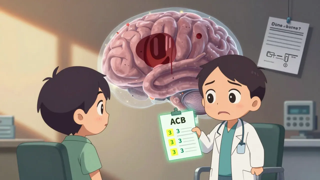 Doctor and patient reviewing medication scores with a shrinking brain in background.