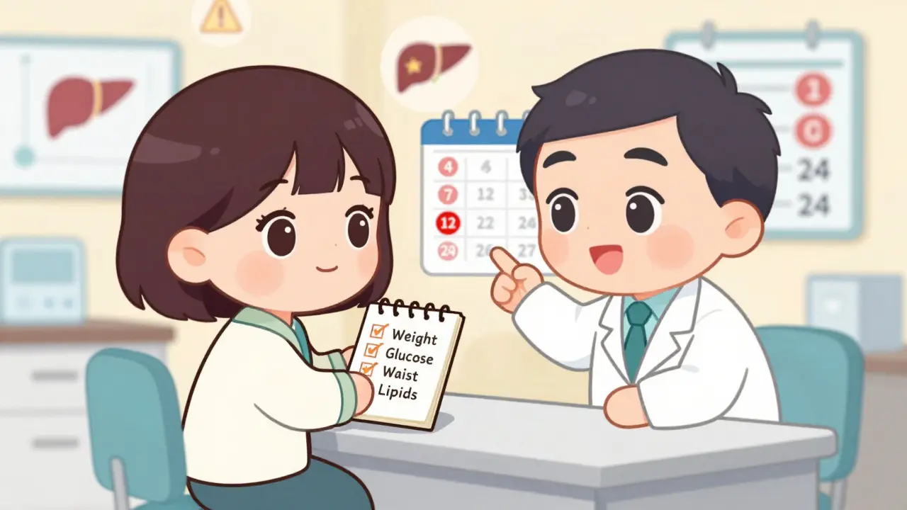 Doctor and patient reviewing metabolic checkup schedule at a clinic with calendar and health icons.
