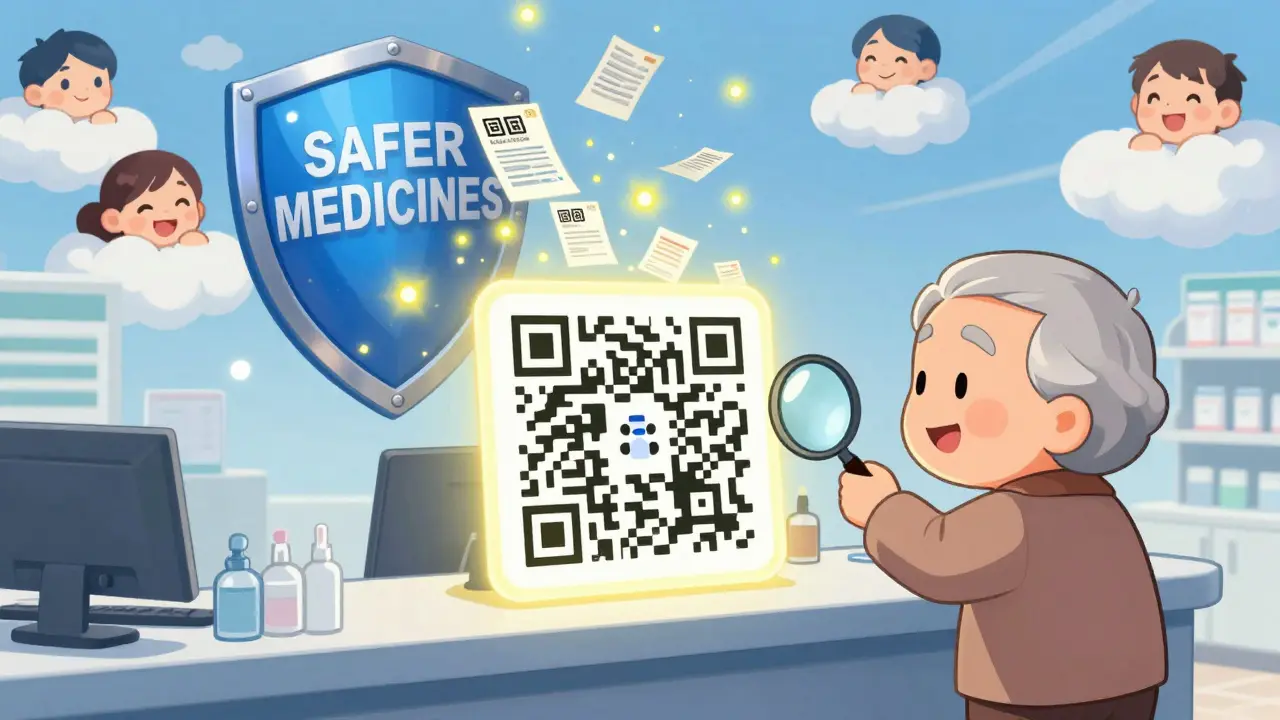 Elderly person scanning a QR code at a pharmacy to report a side effect.