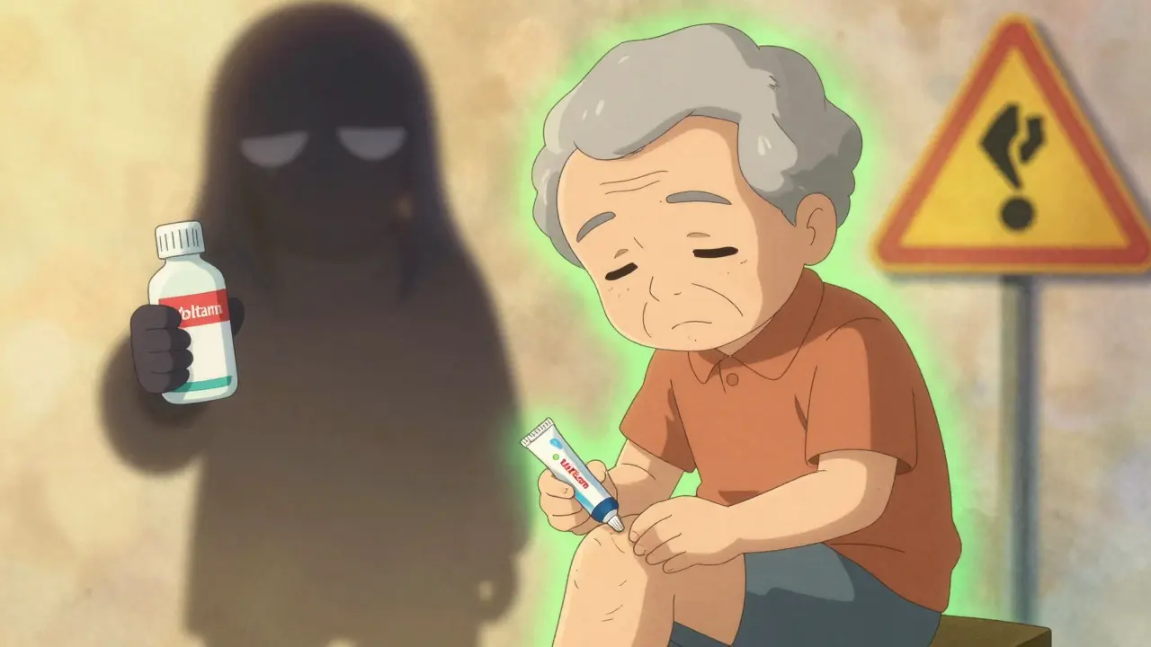 Elderly person using topical pain gel with a safety glow, shadow of a sleepy antihistamine behind.