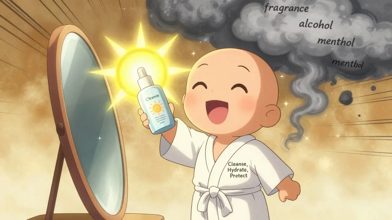 Happy character with healthy skin holding sunscreen, bad ingredients fading away.