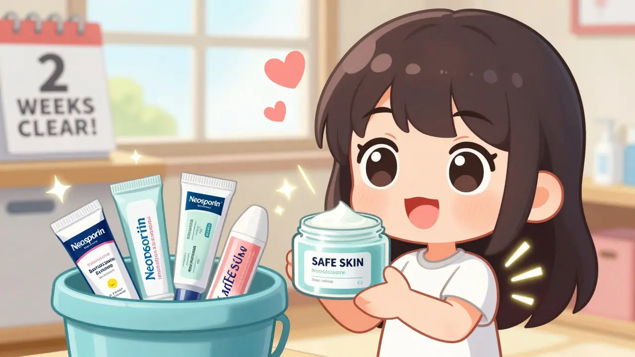 Happy patient holding safe creams beside trash bin full of allergenic products