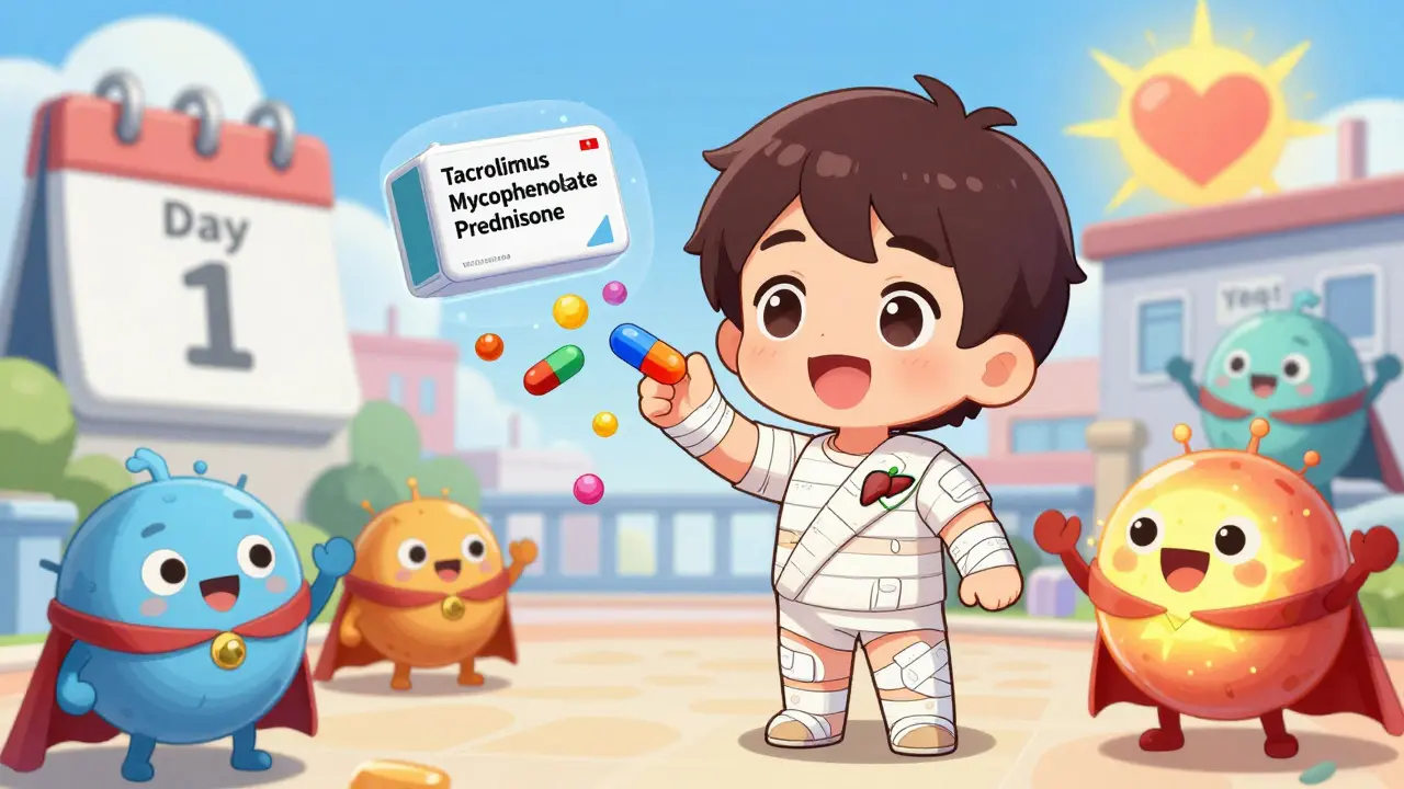 Happy transplant patient taking pills as immune cells wave goodbye and liver glows