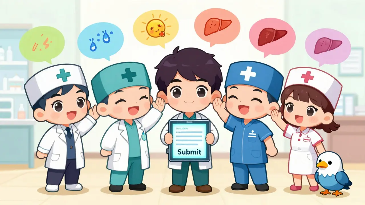 Healthcare workers celebrating after submitting an adverse event report.