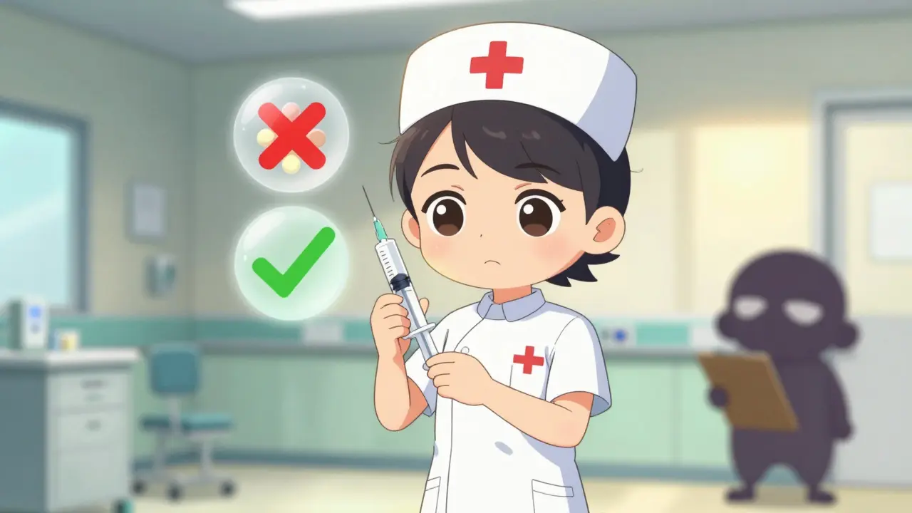 Nurse with Claritin pill glowing, Benadryl pill crossed out in hospital.