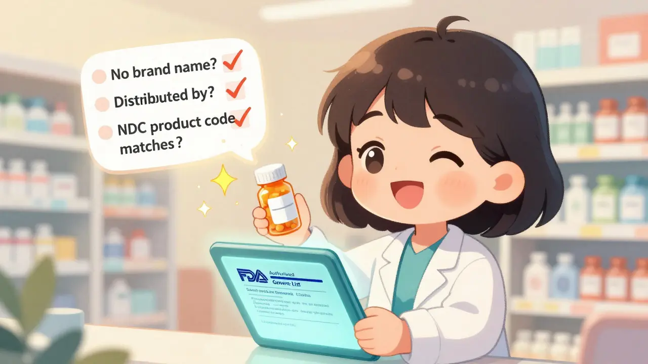 Patient checking an FDA authorized generic list on a tablet with a confirmation checklist.