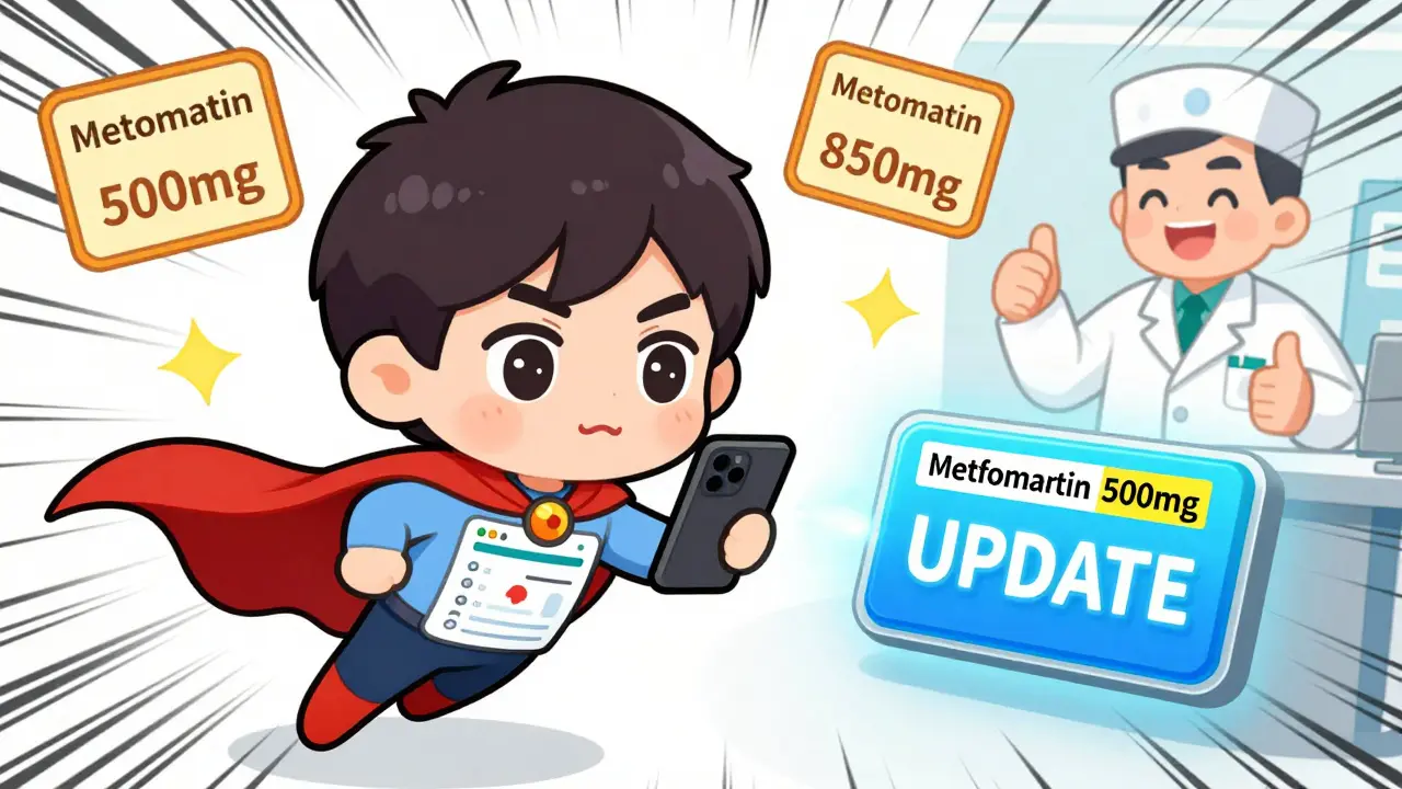 Patient checking phone for incorrect medication dose with superhero theme