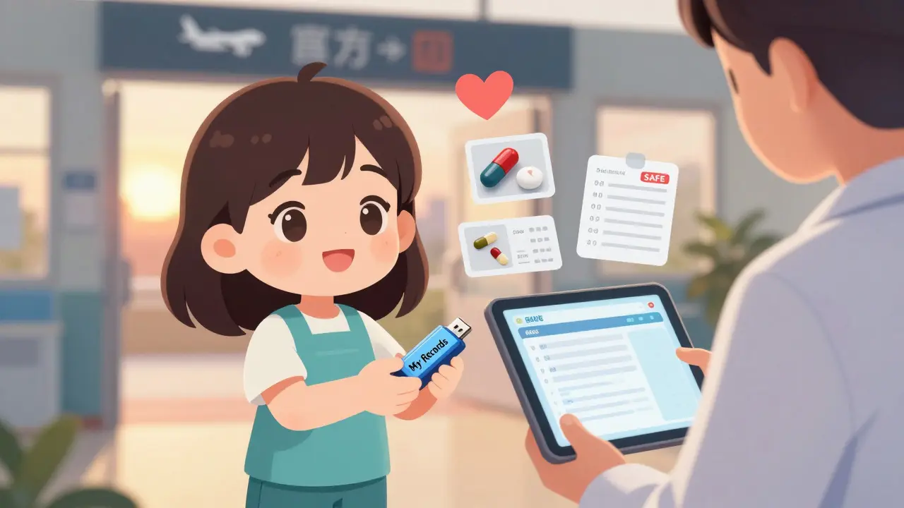 Patient giving USB with medical records to home doctor under a heart checkmark