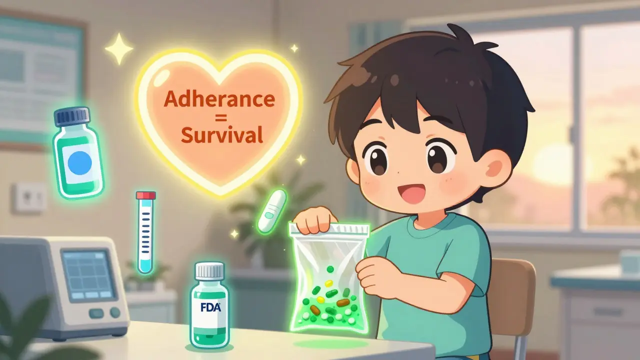 Patient safely disposing chemo pills with glowing neutralizing bag and medical tech around.