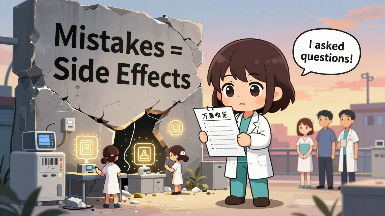 Patient standing beside a crumbling wall of mislabeled errors, with healing technology glowing behind her.