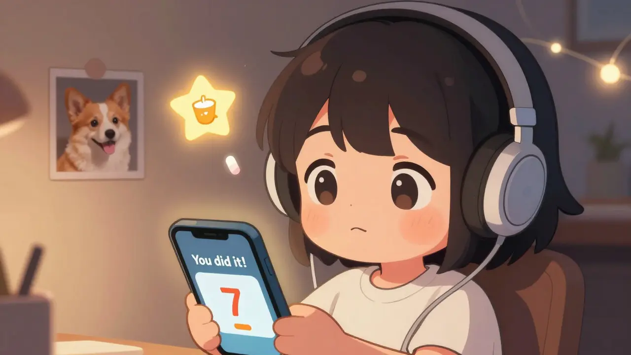 Person celebrating medication streak on phone with cozy room and reward icon.