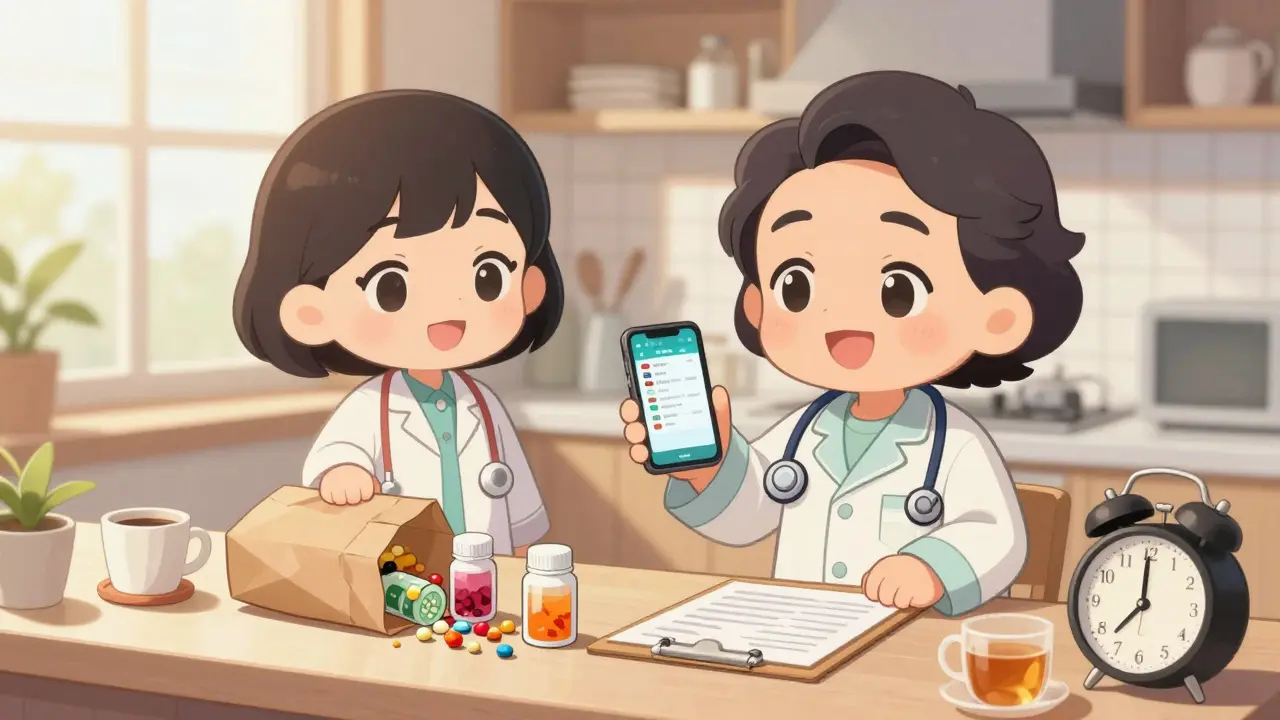 Person updating medication list on Sunday morning with pharmacist and pill bottles